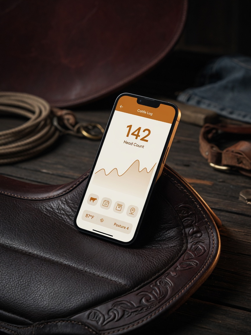 CowBoyUp on a phone in a ranch workshop setting